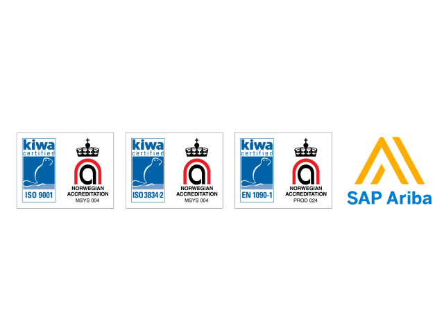 Et bilde som viser sertifiseringer fra Kiwa ISO 9001 (Norwegian Accreditation MSYS 004) Kiwa ISO 3834-2 (Norwegian Accreditation MSYS 004) Kiwa EN 1090-1 (Norwegian Accreditation PROD 024) og SAP Ariba